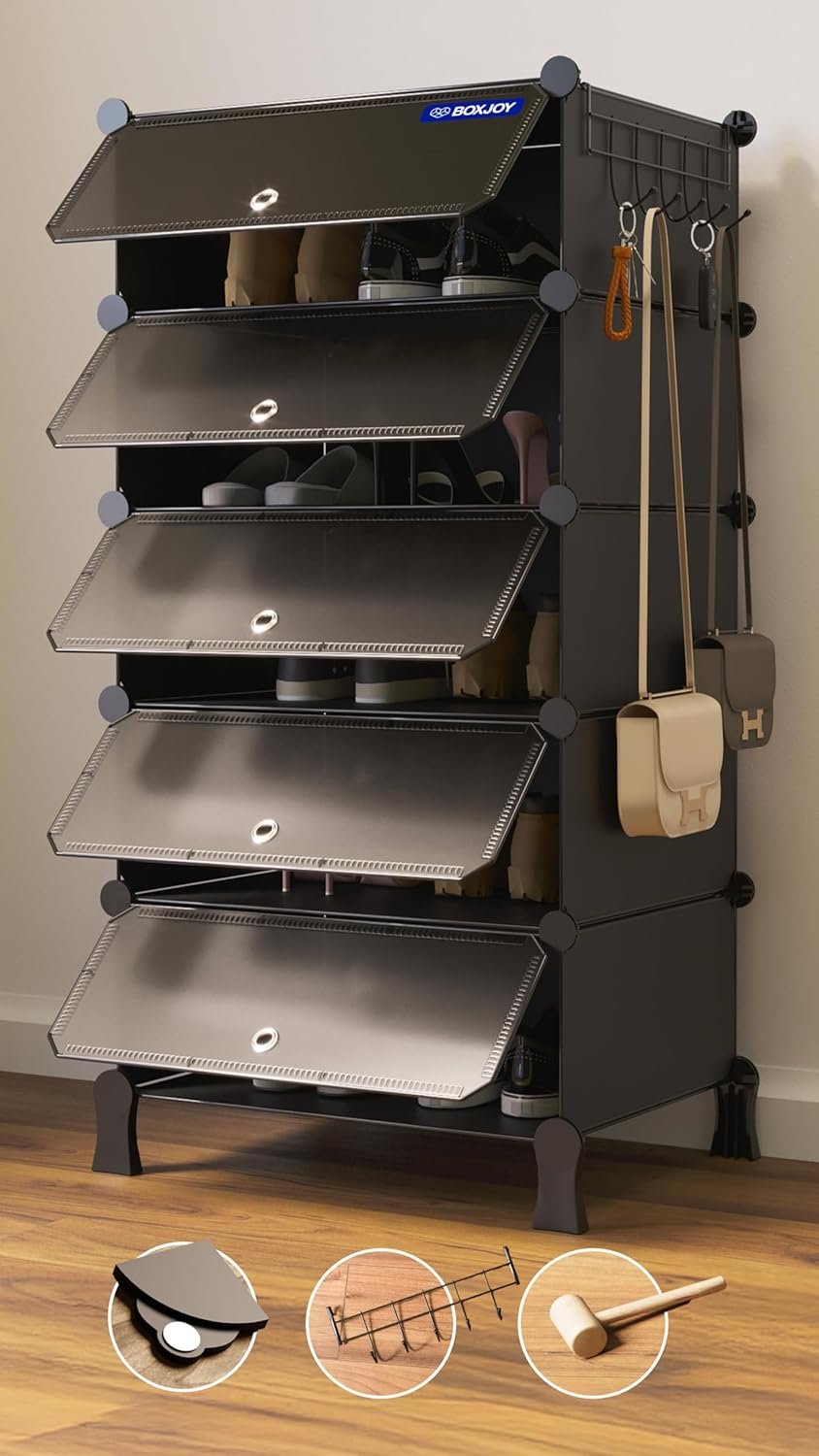 BOXJOY 5 Shelf Shoe Rack with 5 Doors, Magnets, 5 Hook Steel Holder & Wooden Hammer for Home Storage PP Plastic Organizer with Metal Door Frame to Cover Chappal Slipper Sandals Shoes Box Stand (Bl