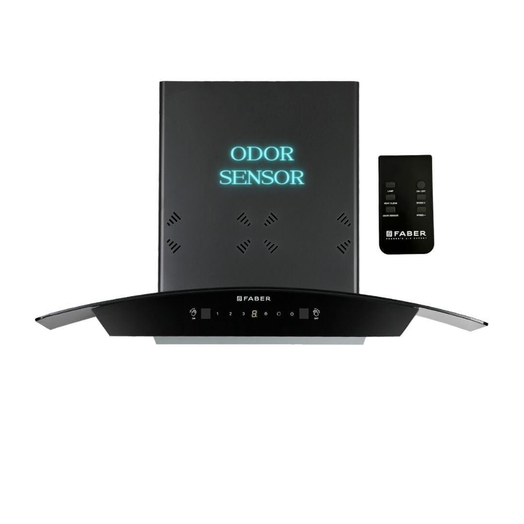 Faber Fully Automatic Autoclean Smart Chimney 75cm|Odour Sensor|Go Hands Free|Remote Control|1350 m3/hr Filterless|12 Yr on Motor, 2 Yr Comprehensive Warranty by Faber|Hood Stella 3D IN HC SC FL BK 75