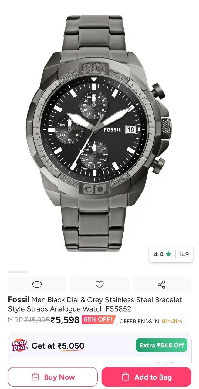 Buy Fossil Men Black Dial & Grey Stainless Steel Bracelet Style Straps Analogue Watch FS5852 -  - Accessories for Men