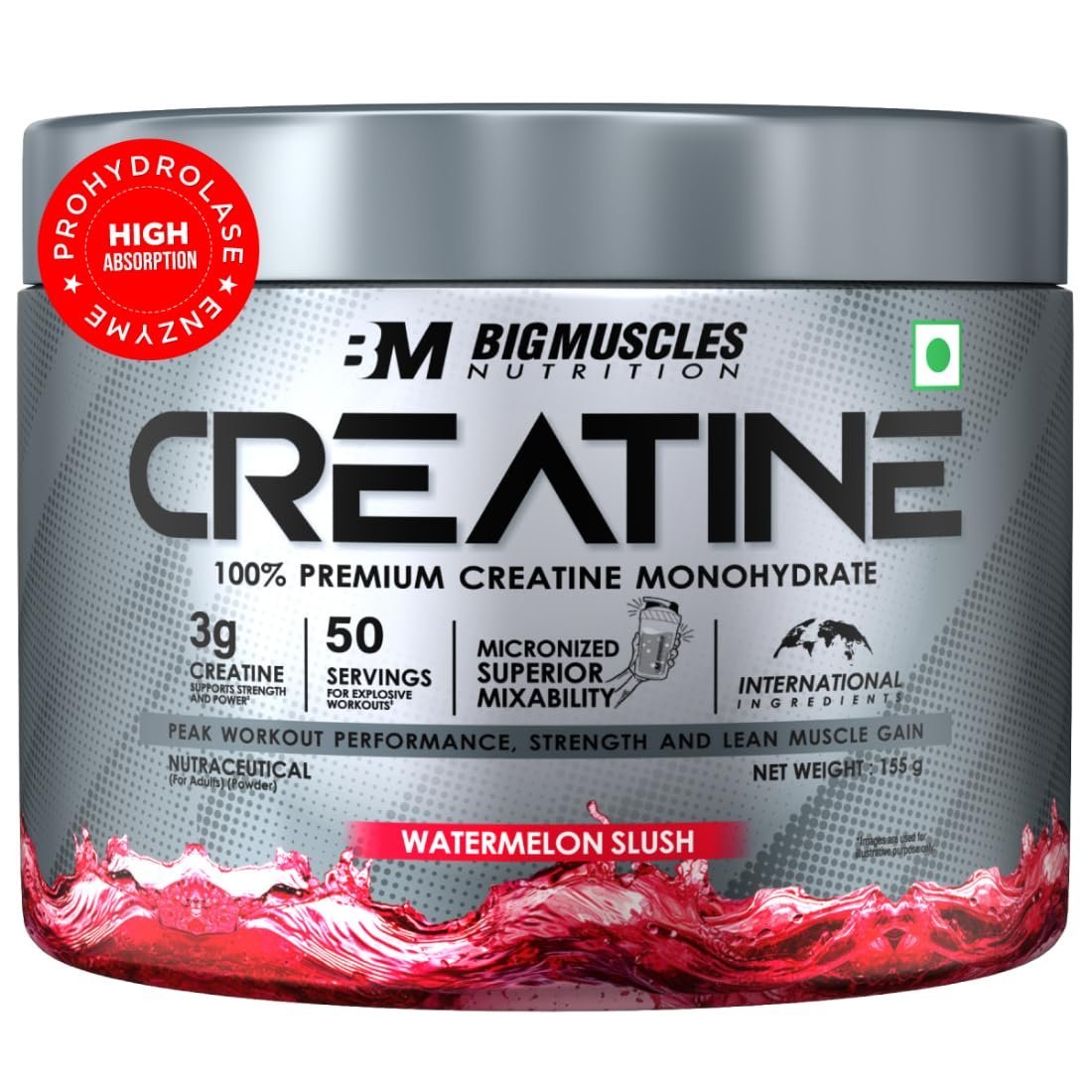Bigmuscles Nutrition Creatine [155g, 50 Servings]|Watermelon Slush | Micronized Creatine Monohydrate To Support Lean Muscle Repair & Recovery|Increase Strength&Athletic Performance,Powder, 1 c