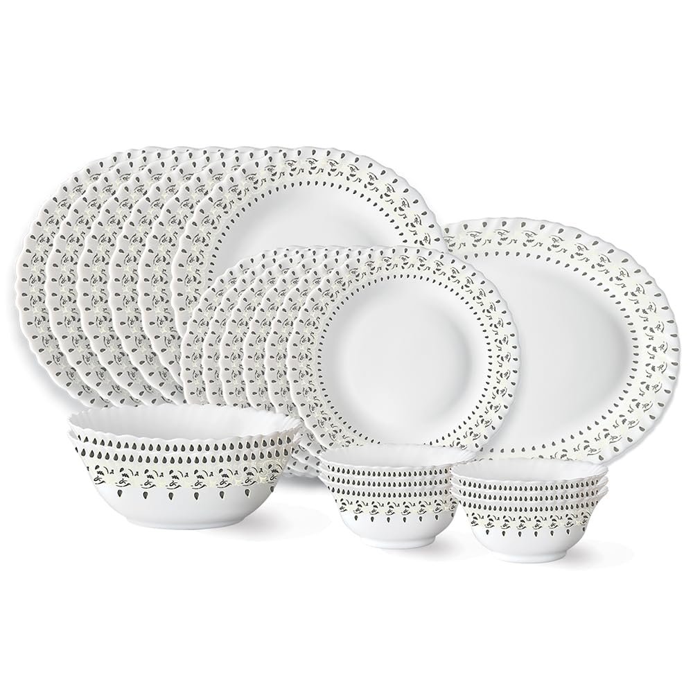 Larah by Borosil Ora Gold Fluted Series Opalware Dinner Set | 21 Pieces for Family of 6 | Microwave & Dishwasher Safe | Bone-Ash Free | Crockery Set for Dining & Gifting | Plates & Bowls |