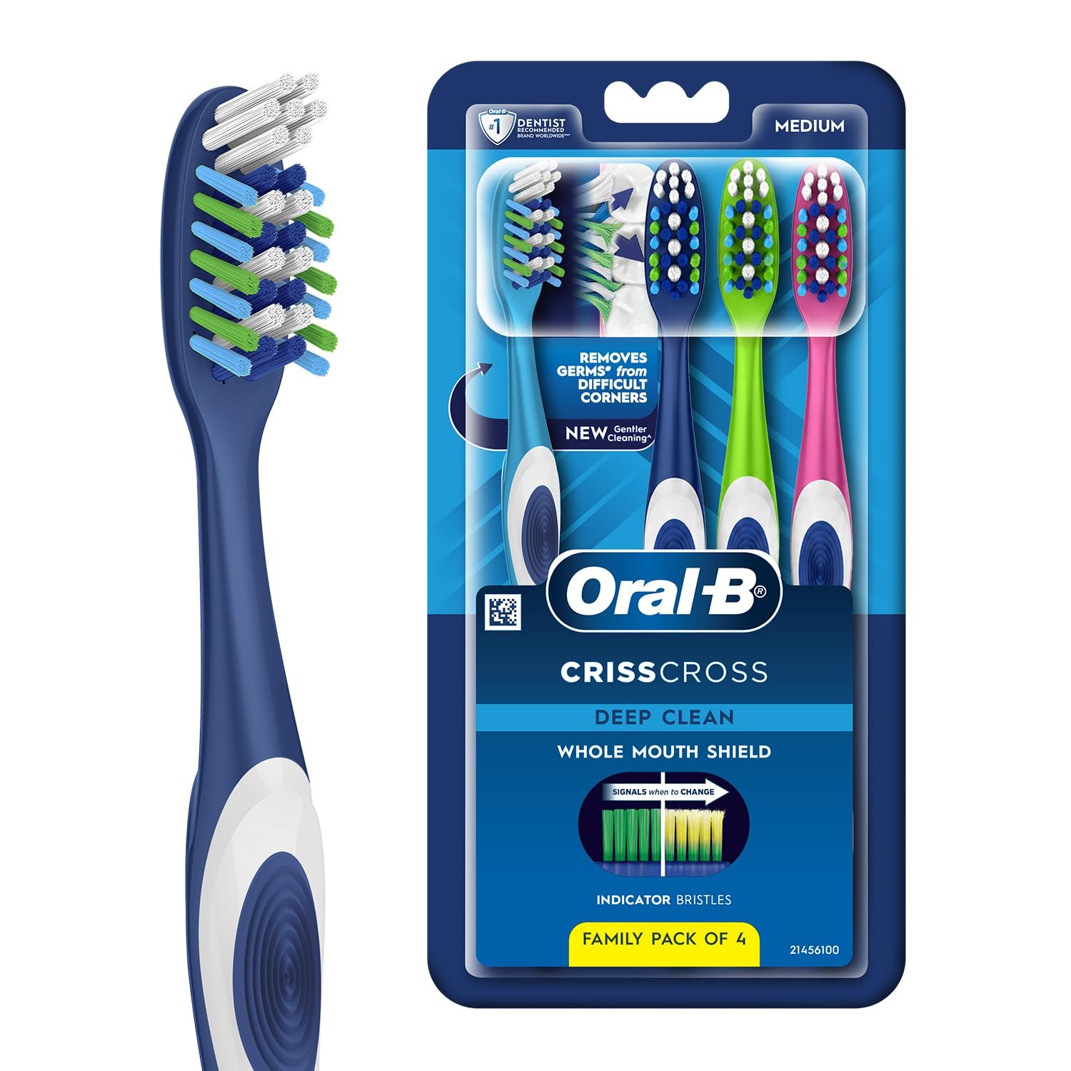 Oral-B Criss Cross Deep Clean Medium Bristles Manual Toothbrush For Adults,Tongue Cleaner, Multicolour Tooth Brush Set, Oral B Dentist Recommended Brand (Family Pack of 4)