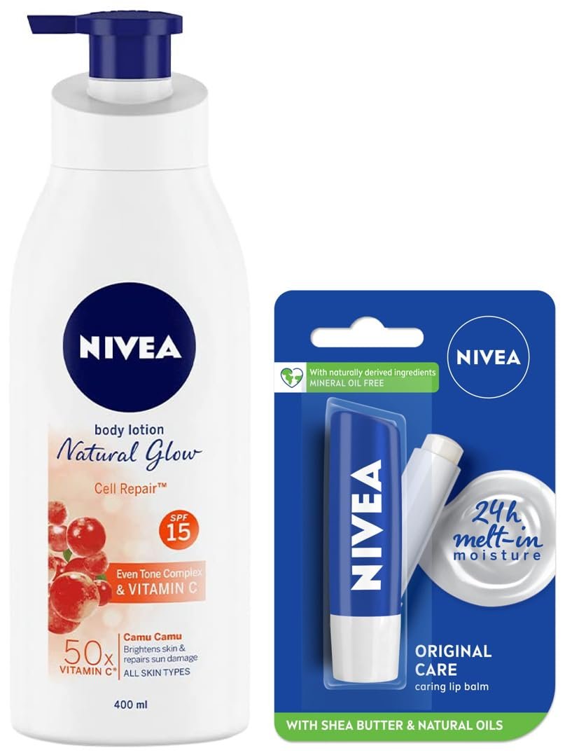 Nivea Body Lotion, Extra Whitening Cell Repair SPF 15, For All Skin Types, 400ml & Lip Balm, Original Care, 4.8g