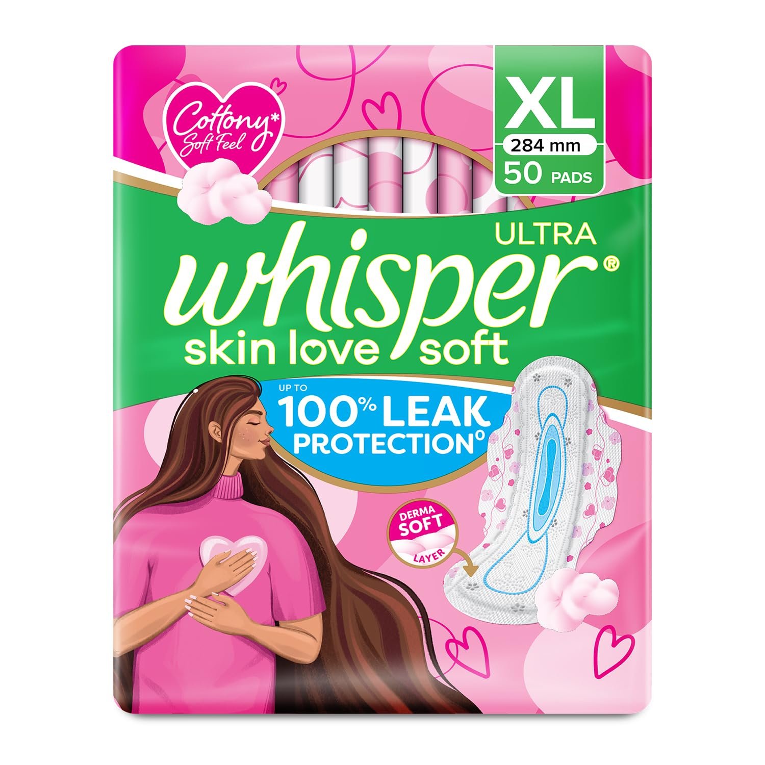Whisper Ultra Skin Love Soft Sanitary Pads for Women, XL 50 Pads, Cottony Soft Feel, Upto 100% Leak* Protection, Disposable Wrapper, Locks Odour & Wetness (Product Does Not Contain Cotton) (*Based