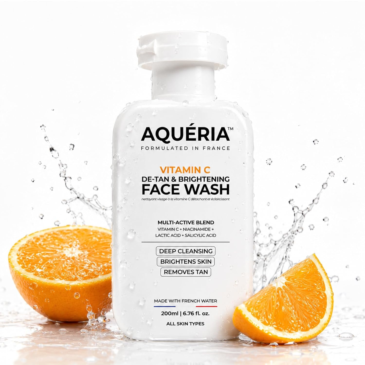Aqueria De-Tan & Brightening Vitamin C Face Wash | With Lactic Acid & Niacinamide | Deep Cleansing Face Cleanser for Tan Removal, Pigmentation, Dark Spots, Dull & Uneven Skin Tone | Bright