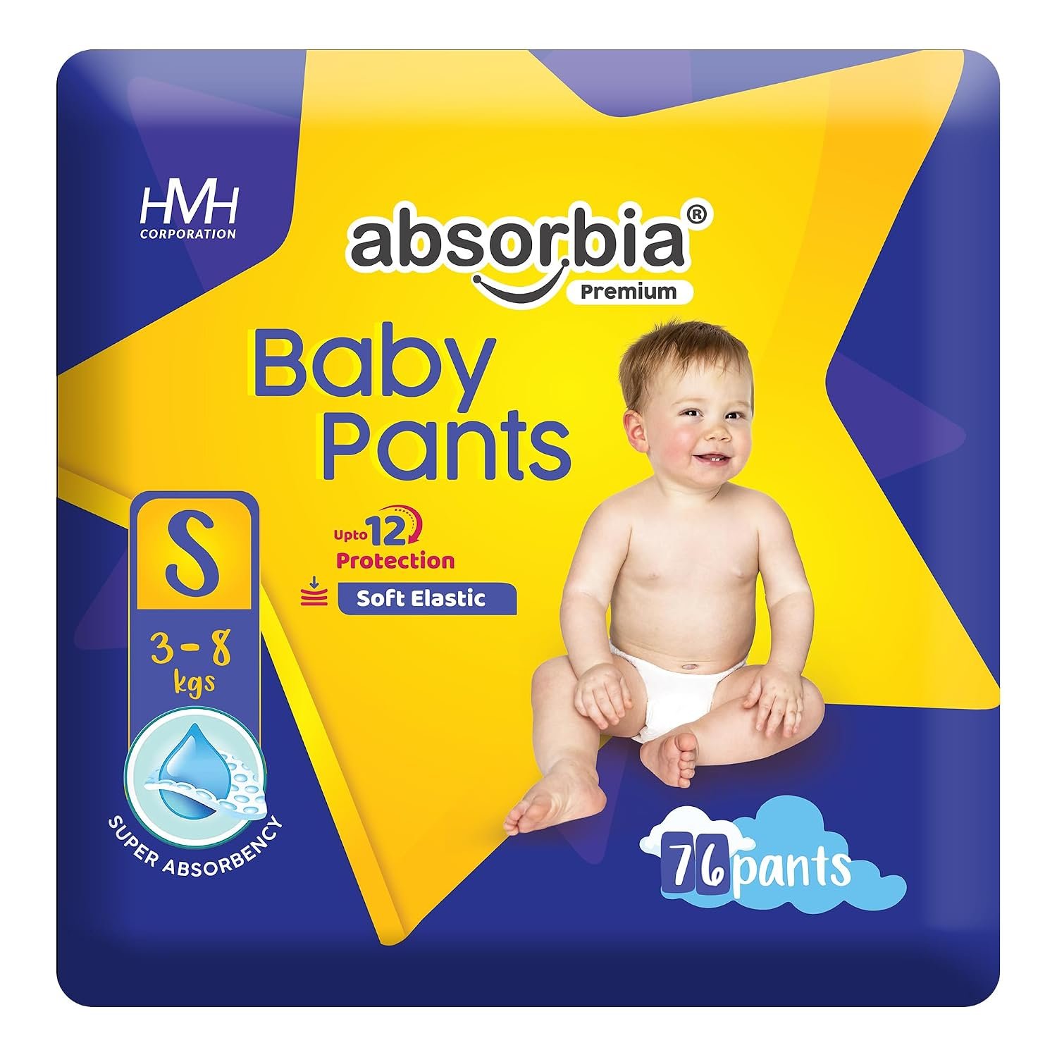 Absorbia Jumbo Baby Pant Diaper Small (S) 3-8 Kg, 76s x Pack of 1 | Up to 12Hrs Protection | Cottony Soft Comfort for Sensitive Skin | Wetness Indicator | Super Absorbant core | Wider pee distribution