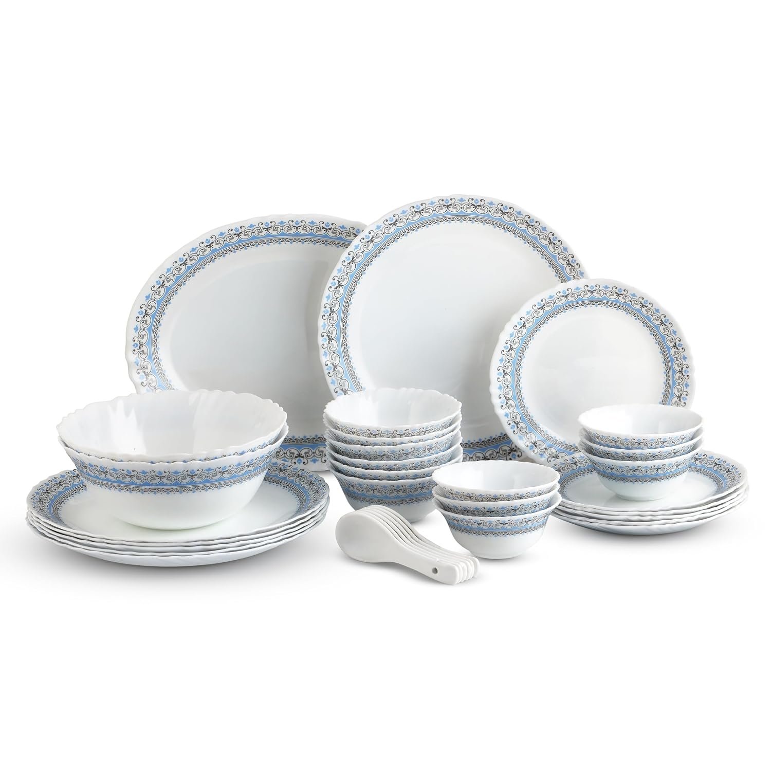 CELLO Aurum Imperial Plus Series Opalware Dinner Set of 33 Pieces for Family of 6 | Bone-Ash Free & Leadfree Opal Glass Microwave & Dishwasher Safe Crockery Plates & Bowls Set for Daily Us