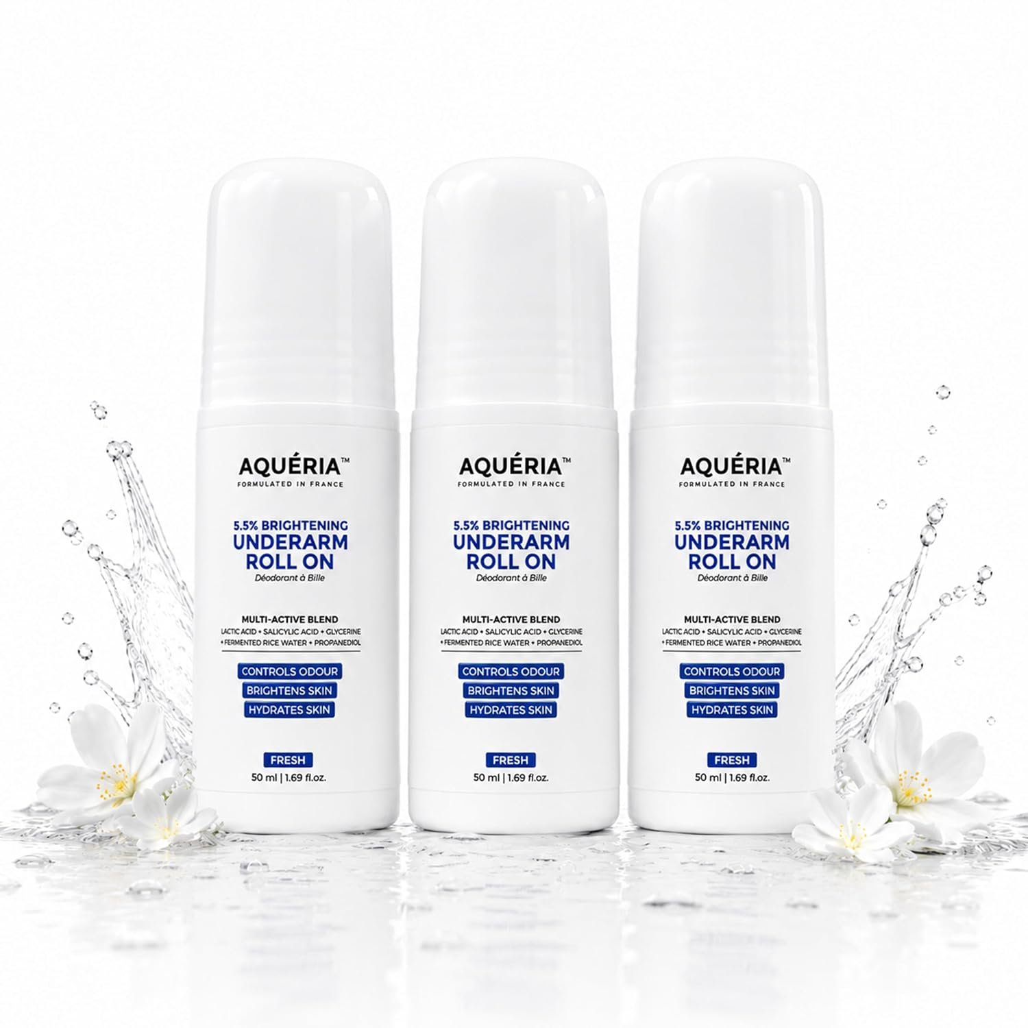 Aqueria Underarm Brightening Roll-On for Men & Women | Lactic Acid, Fermented Rice Water & Glycerine | Helps Reduce Dark Underarms, Pigmentation & Uneven Skin Tone | Controls Body Odour | 