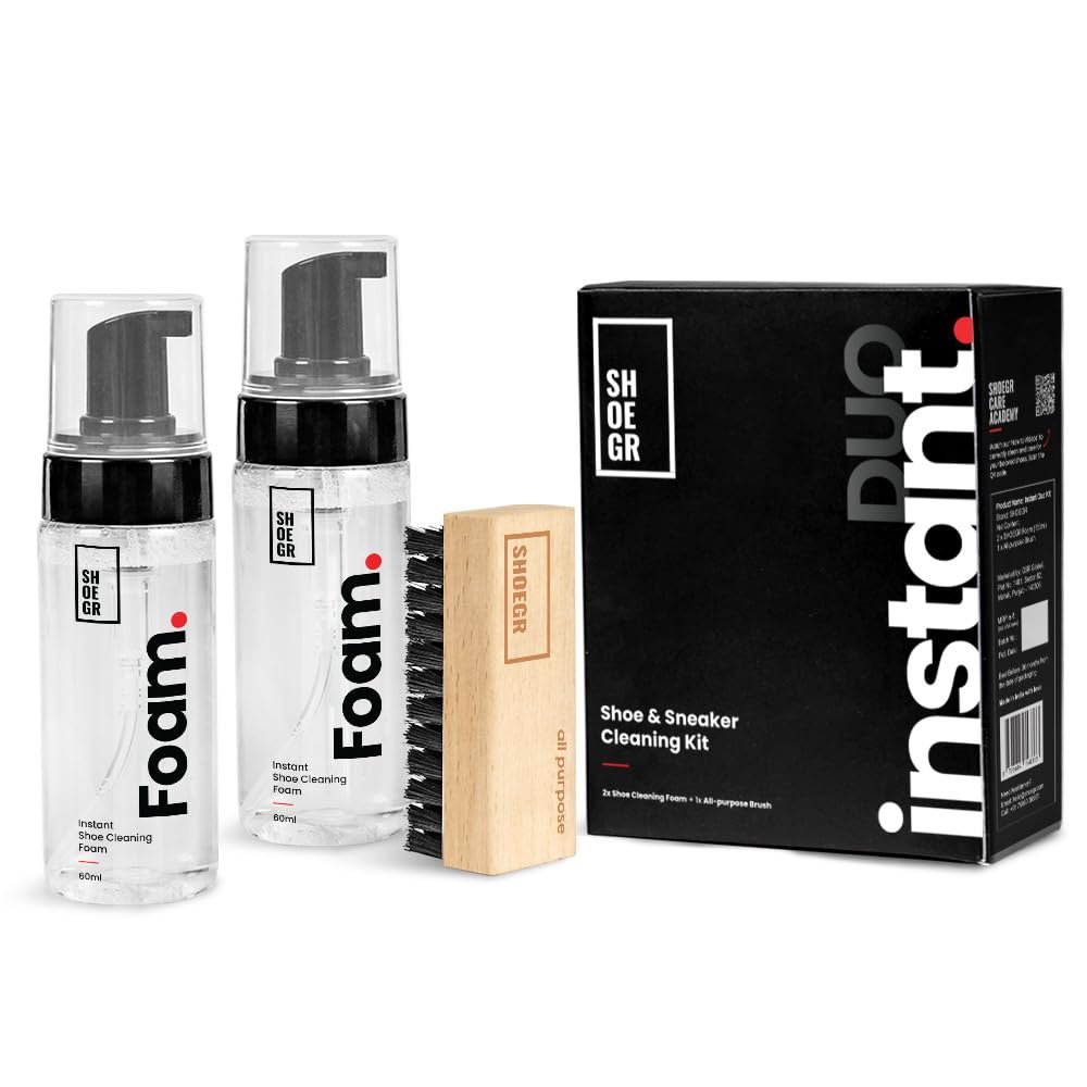 SHOEGR Shoe Cleaner Kit | Instant Duo 2×150ml Sneaker Cleaner Kit with Foam & All-Purpose Brush | Sneaker Foam Spray for White Shoes, Sneakers & Sports Shoes | Daily Shoes Care Kit
