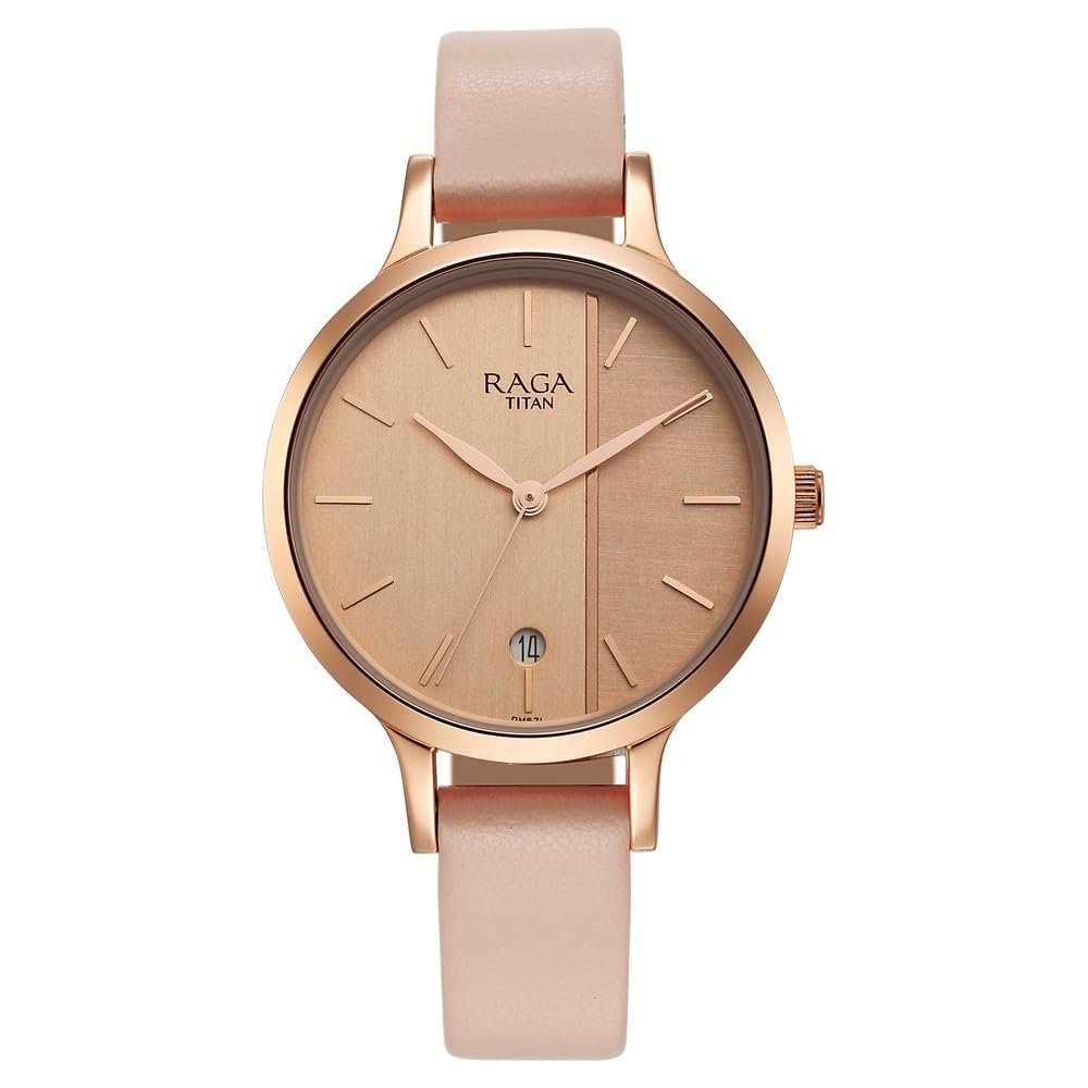 Titan Raga Viva Quartz Analog with Date Rose Gold Dial Beige Leather Strap Watch for Women - NT2684WL01