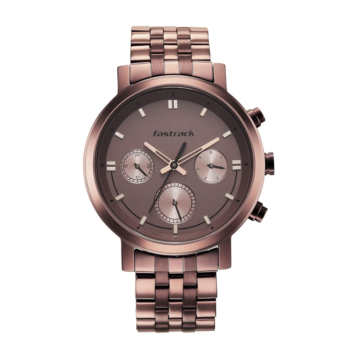 Fastrack Men Tick Tock Quartz Multifunction Brown Dial Brown Metal Strap Watch - NT3287QM01?