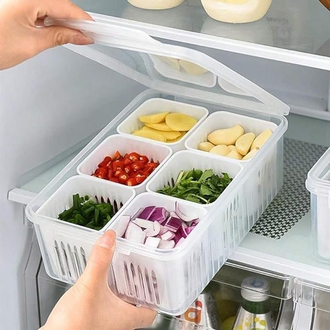 ADD2CART 6-Grid Refrigerator Storage Container, Vegetable Fruit Organiser Box with Drainage, Kitchen Food Storage Box with Lid, Multicolour