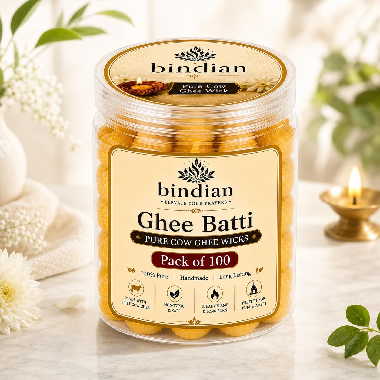 Bindian Pure Cow Ghee Batti for Puja Pack of 100 | Ready to Use Handmade Cotton Ghee Wicks | Long Burning Diya Batti for Daily Puja, Aarti, Mandir, Temple, Diwali & Festivals | 100% Pure Cow Ghee,