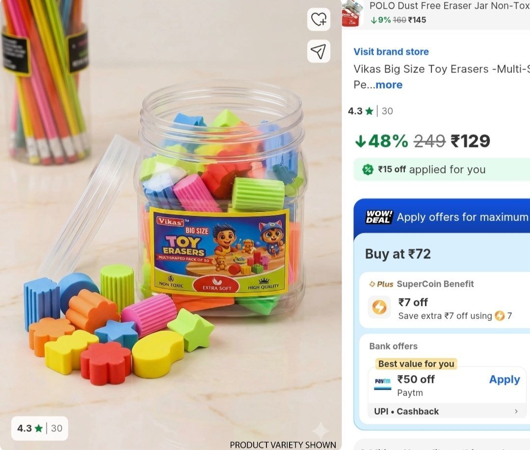 Flipkart.com | Vikas Big Size Toy Erasers -Multi-Shaped, Non-Toxic Extra Soft Pencil Rubbers for Kids Non-Toxic Eraser - Pencil Eraser