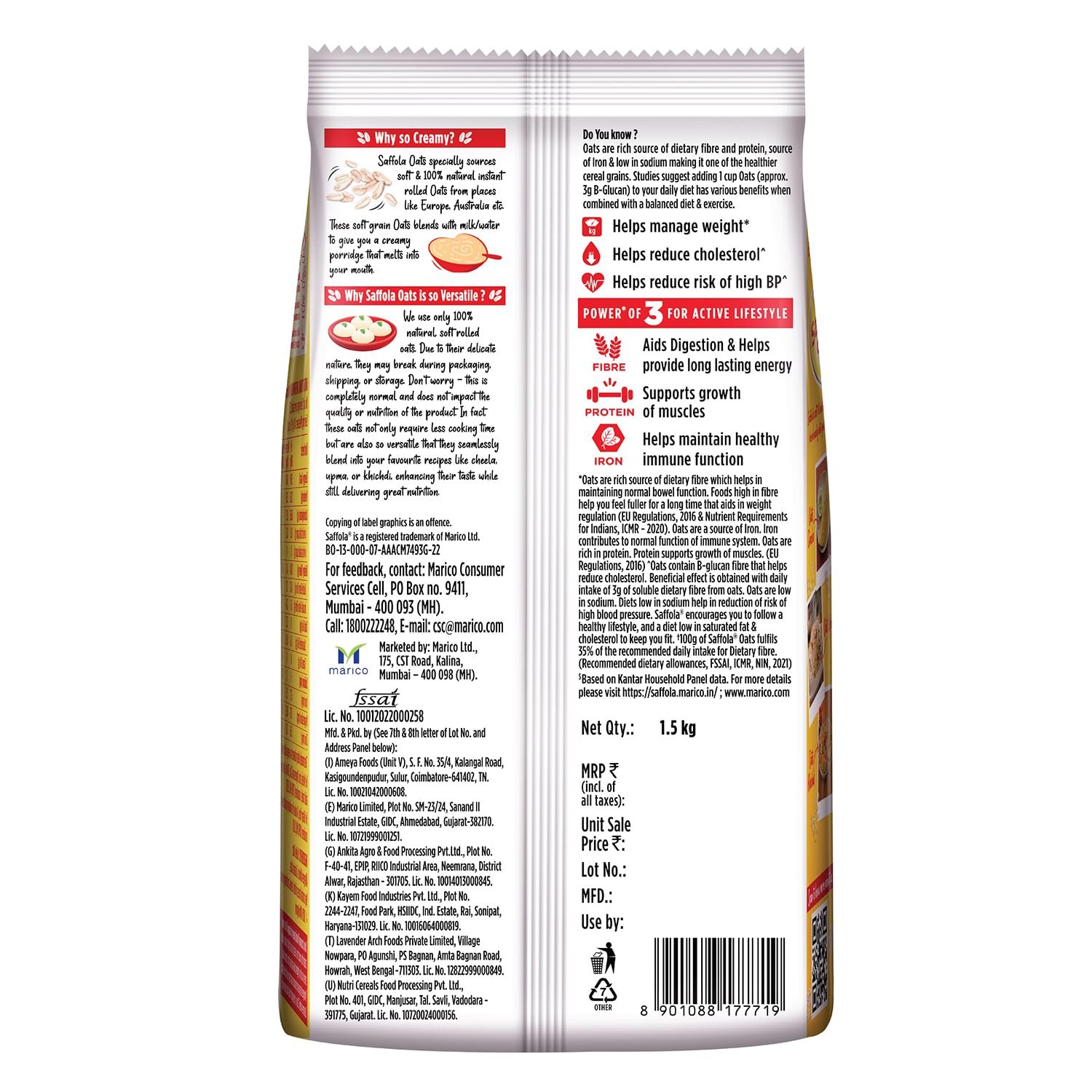 Saffola Oats, Instant Rolled Oats, Soft & Creamy Oats, Power of Protein, Iron & Fibre, Nutritious Grain, 1.5kg