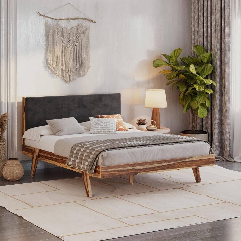 Wakefit Bed | Queen (78x60) Sheesham Wood Bed Upholstered, Without Storage | 3 Year Warranty | Lynx - Burma Brown