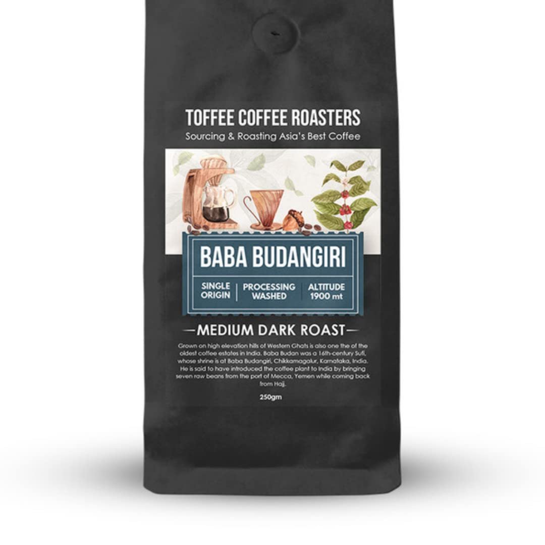 Toffee Coffee Roasters | Baba Budangiri Coffee, Medium Dark Roast, 250 g | Grind: Whole Beans, Speciality Blend, 100% Arabica | Speciality Coffee | Freshly Roasted