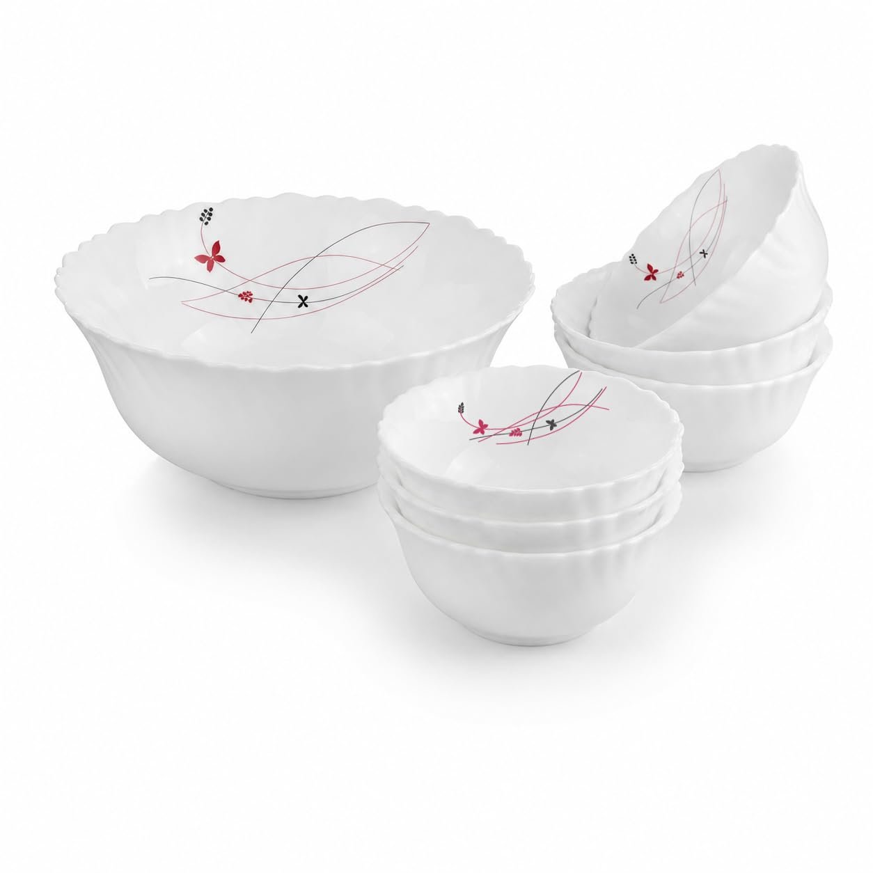Cello Lush Fiesta Dazzle Series Opalware Pudding Bowls Set of 7 Pieces White | 6 x 180ml Veg Bowls, 1 x 790ml Serving Bowl, Leadfree Microwave Safe Opal Glass Bowls Crockery Set for Dining & Gifti