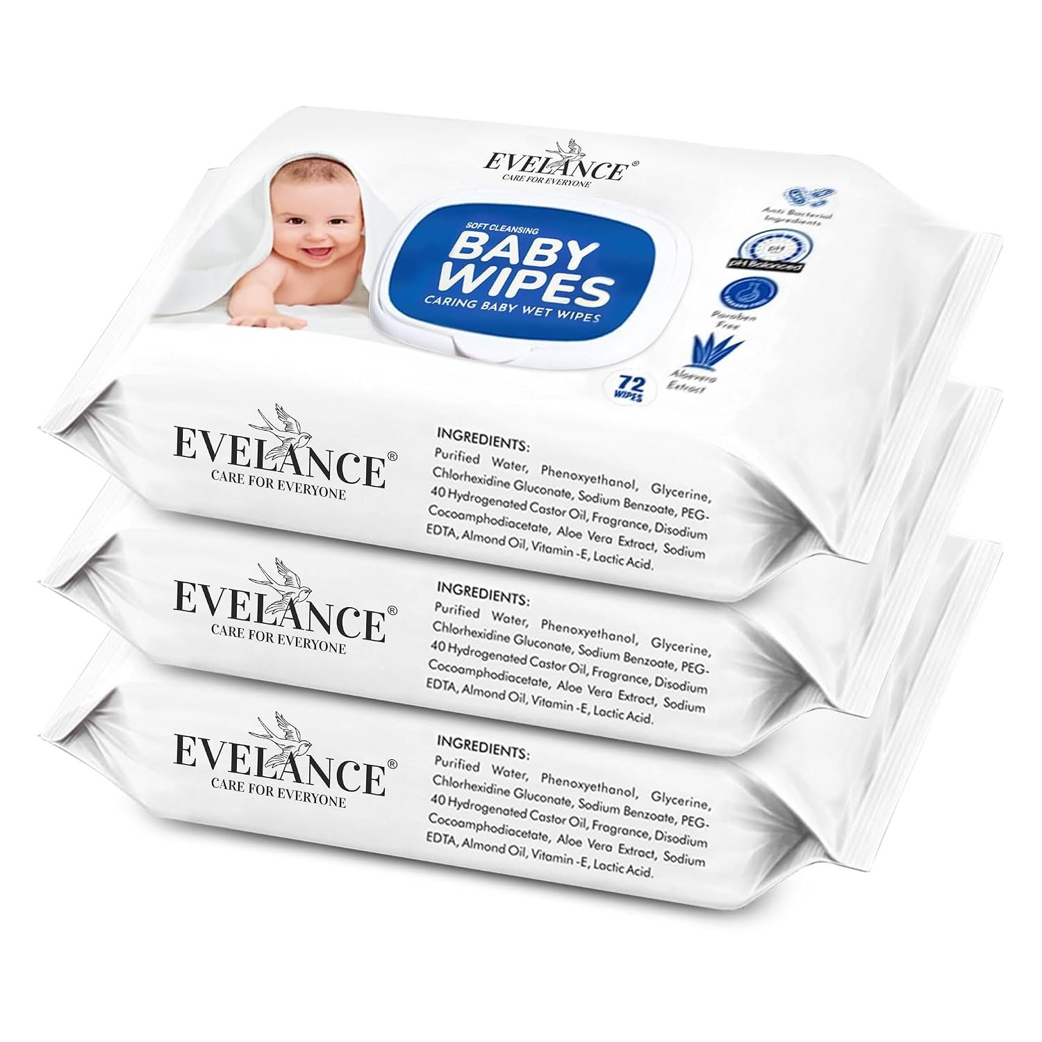 Soft Cleansing Baby Wipes with Lid | 72 Wipes x 3-216 Wipes | Extra Thick & Moist Wet Wipes for Baby's | Prevents Rashes & Redness with Goodness of Aloe Vera Vitamin E | pH Balanced