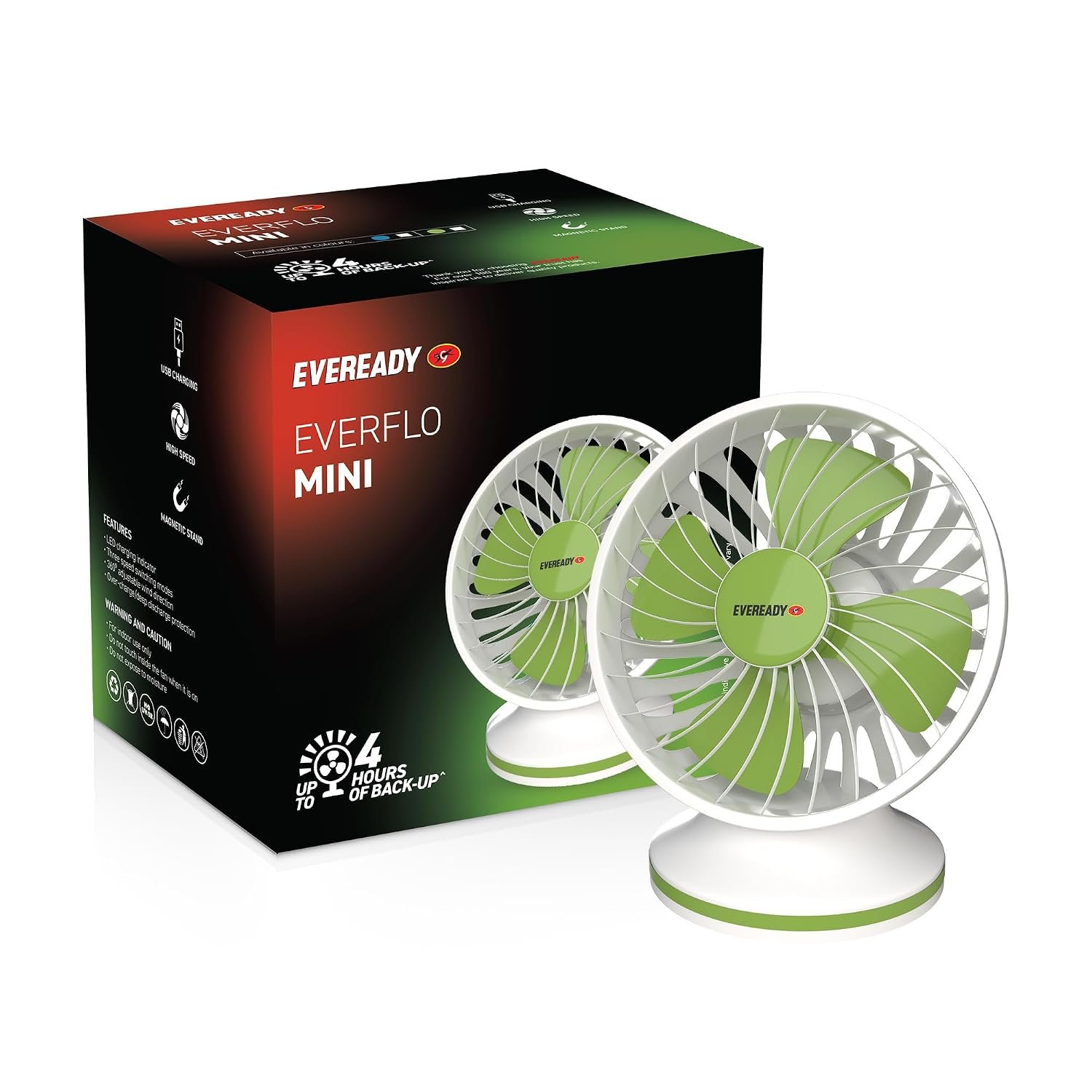 Eveready Rechargeable Emergency Fan, Everflo Mini Portable 6-inch Table Fan, USB Charging, 3 Speed Modes, 4 Hrs Backup, 360° Adjustable Wind Direction, Magnetic Stand