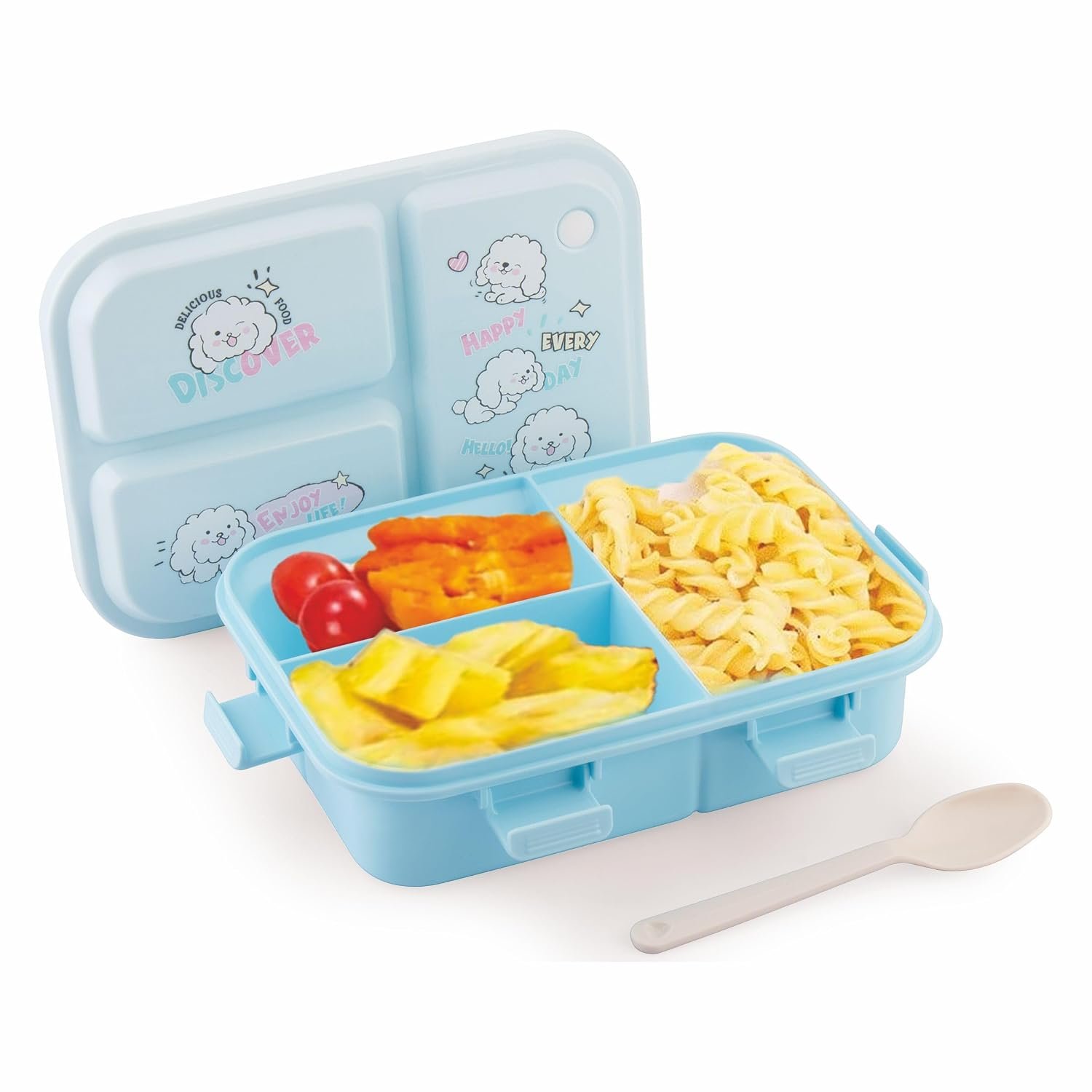 ATTRO Joy Kins Plastic Lunch Box – 3 Compartment Bento Tiffin, Leak-Proof & Durable, Plastic Spoon, Ideal for Kids, School, Picnic– 1260ml, Blue
