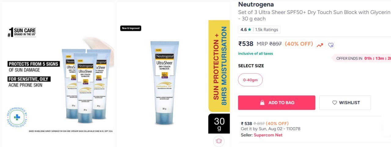 Buy Neutrogena Set Of 3 Ultra Sheer SPF50+ Dry Touch Sun Block With Glycerin   30 G Each -  - Personal Care for Unisex