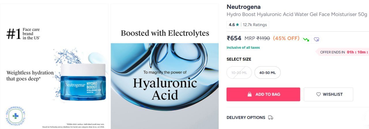 Buy Neutrogena Hydro Boost Hyaluronic Acid Water Gel Face Moisturiser 50g -  - Personal Care for Women