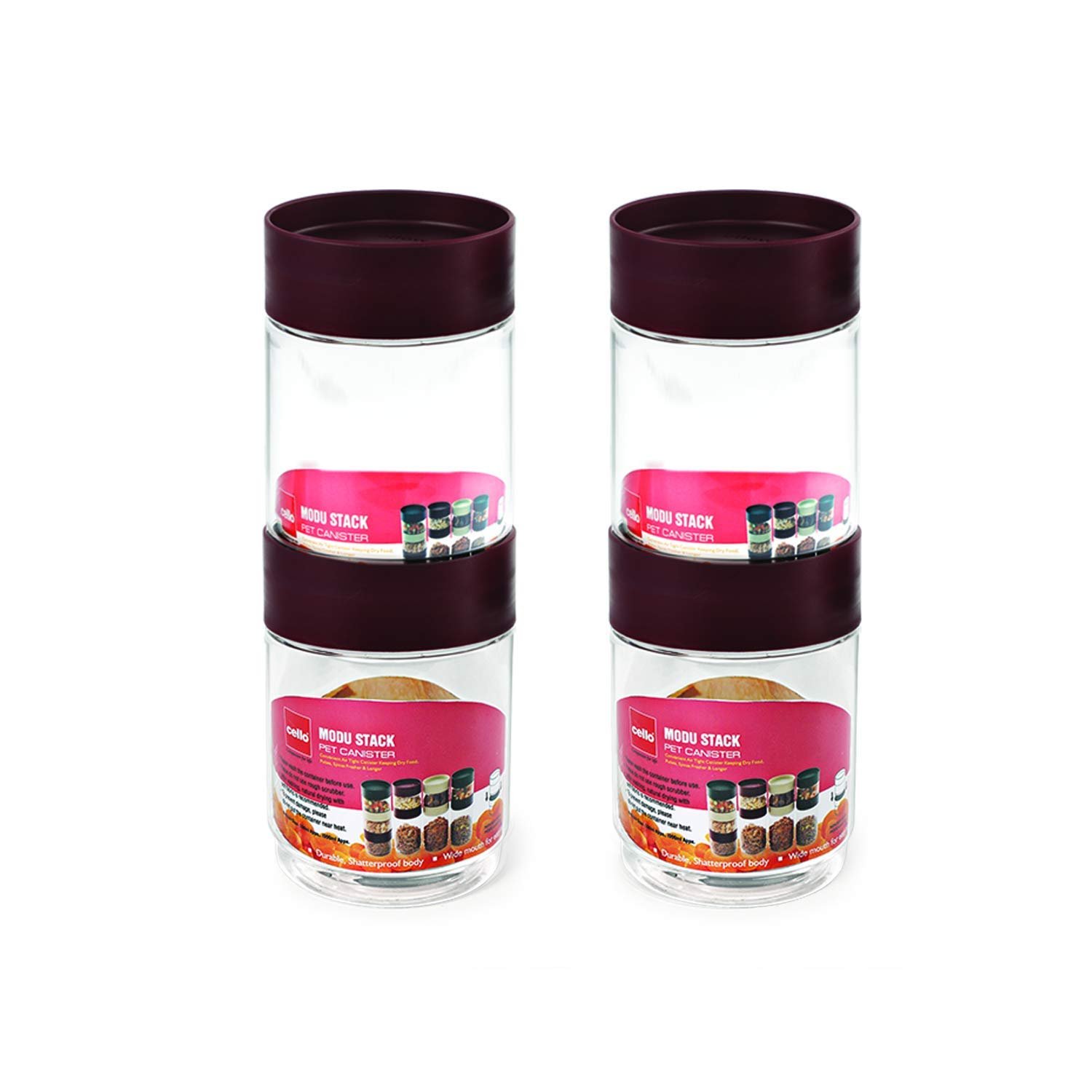 CELLO Modustack Pet Storage Jar For Kitchen Set of 4 Pcs, 750 ml Grey | Freezer & Fridge Safe, See Through Airtight Stackable Pet Kitchen Storage Box Container Set For Beans, Whole Grains, Spices