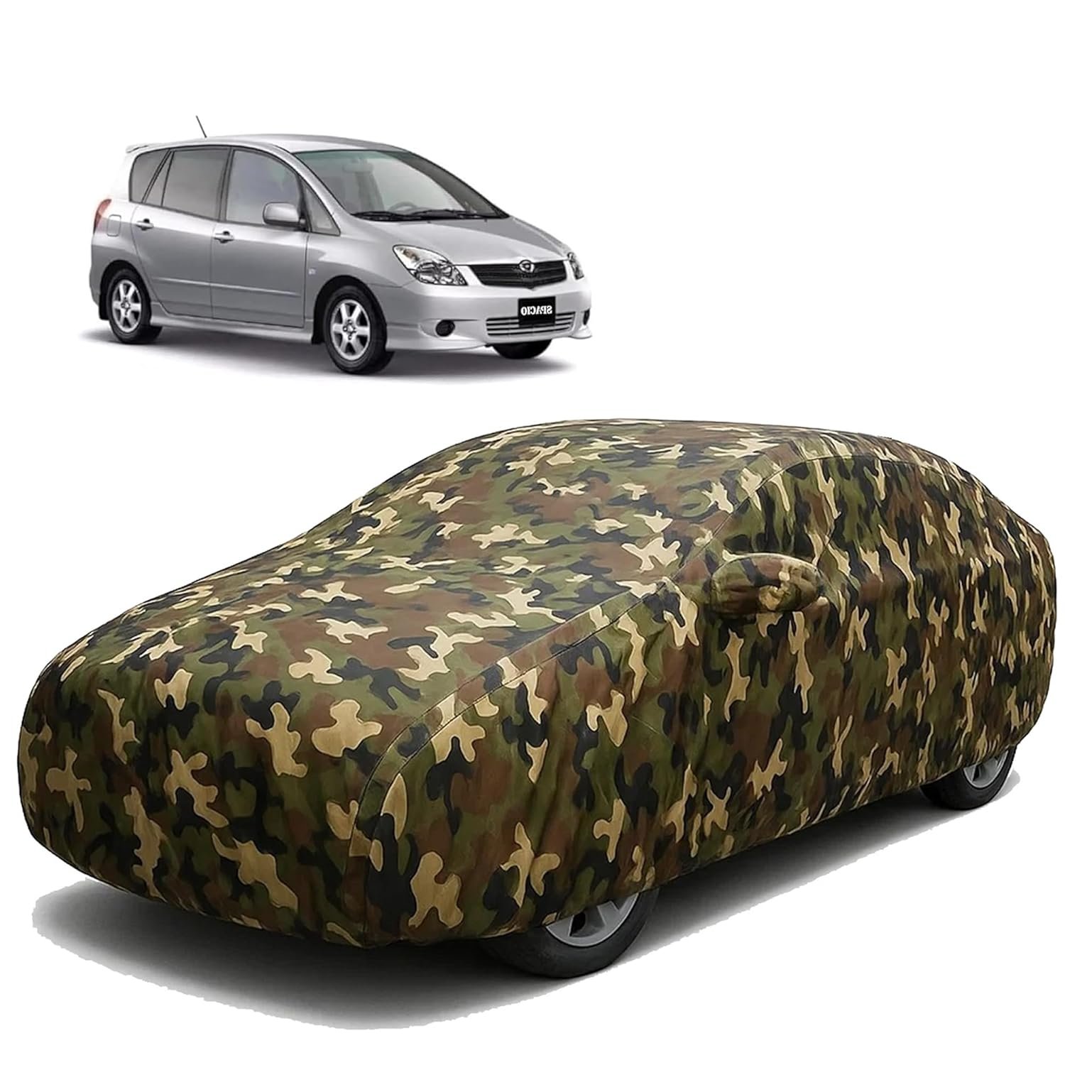 Sulfar 100% Waterproof Car Body Cover Compatible with Mirror for Toyota Spacio with Long Lasting Durable Material (Triple Stitched, Full Bottom Elastic, Camouflage Army)