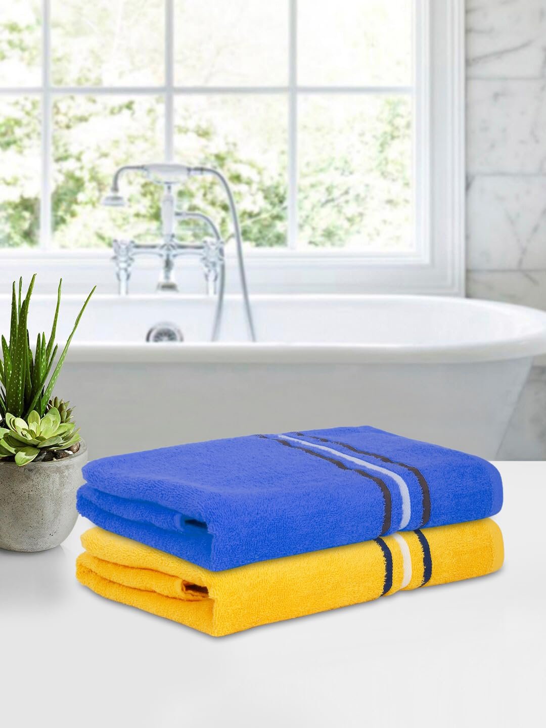 Cortina 480 GSM Ultra Soft, Super Absorbent, Antibacterial Treatment, 100% Cotton Large Bath Towel, 70 cms x 140 cms (Blue/Yellow, Set of 2)