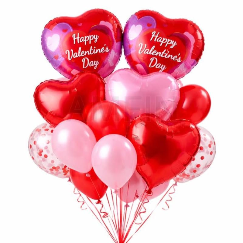 AMFIN (Pack of 14) Happy Valentine’s Day Balloon Decoration Set | Romantic Heart Foil Bouquet Metallic Helium Bunch Proposal Anniversary Celebration Party Décor - Red Purple
