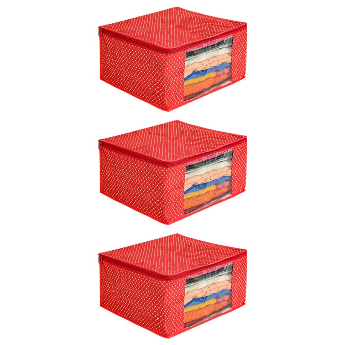 PrettyKrafts Cotton Quilted Large Sari Cover Bag with transparent window, Pack of 3, Red