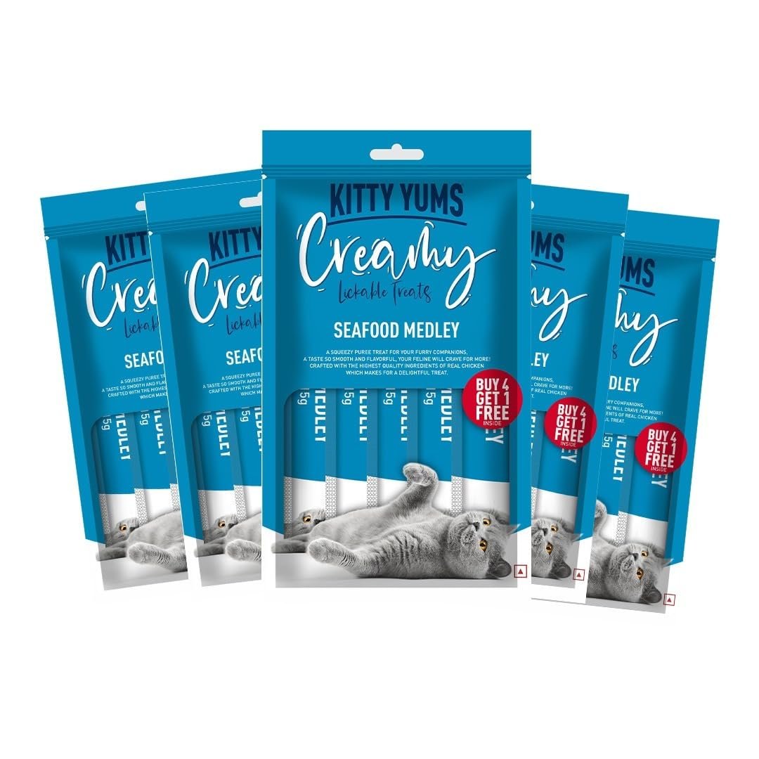 Kitty Yums Creamy Lickable Cat Treat (75g x 5 Pouches) Total 375g | Seafood Medley Flavour | Better Digestibility | Easy to Hand Feed | Better Brain & Eyesight Development
