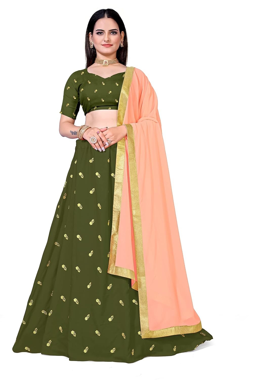 Women's Embellished Tilki Work Net Semi-stitched Lehenga Choli With Dupatta Set (Multi Colour) (Ritika Mehendi)