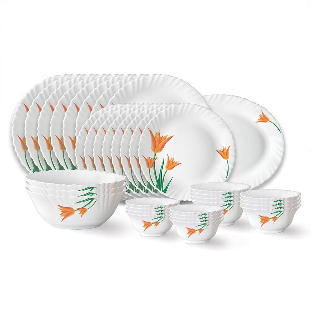 Larah by Borosil Firefly Fluted Series Opalware Dinner Set | 33 Pieces for Family of 6 | Microwave & Dishwasher Safe | Bone-Ash Free | Crockery Set for Dining & Gifting | Plates & Bowls | 