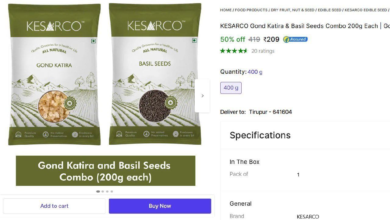 KESARCO Gond Katira & Basil Seeds Combo 200g Each | Gond Katira & Basil Seeds Price in India - Buy KESARCO Gond Katira & Basil Seeds Combo 200g Each | Gond Katira & Basil Seeds online 