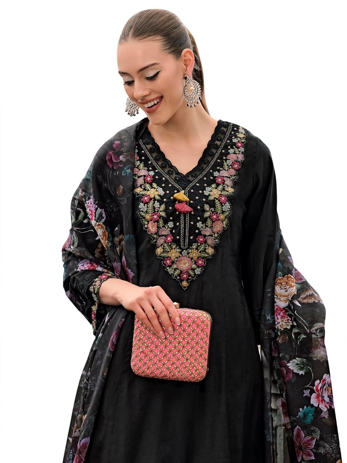 INDO ERA Women's Silk Blend Embroidered A-Line Kurta & Pant with Dupatta Set