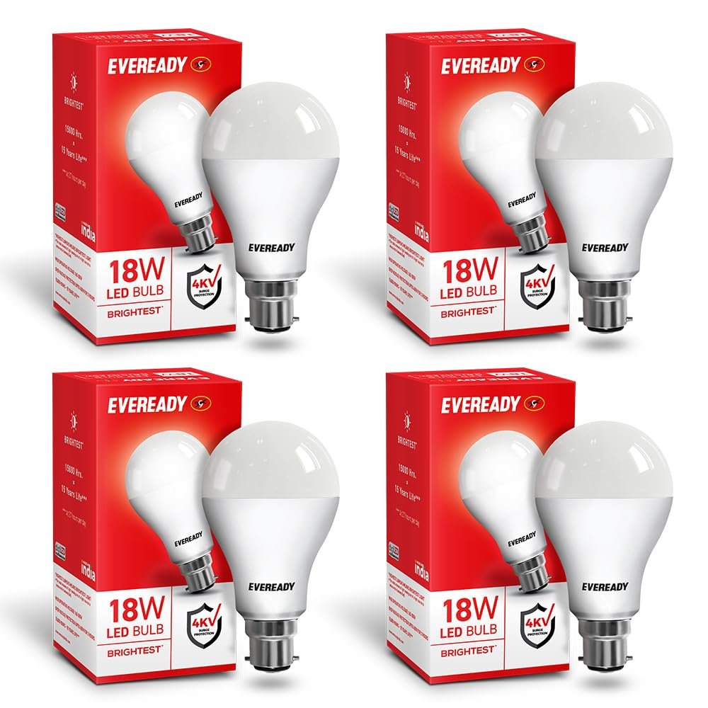 Eveready 18W LED Bulb | 1800 Lumen | 4KV Surge Protection | Long Life & Low Maintenance | BIS Certified | 1 Year Warranty | 100 Lumens Per Watt | Cool Day Light (6500K) | B22 | Pack of 4