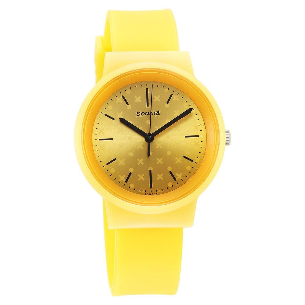 Sonata Splash Quartz Analog Yellow Dial Plastic Strap Watch for Women-87048PP03W
