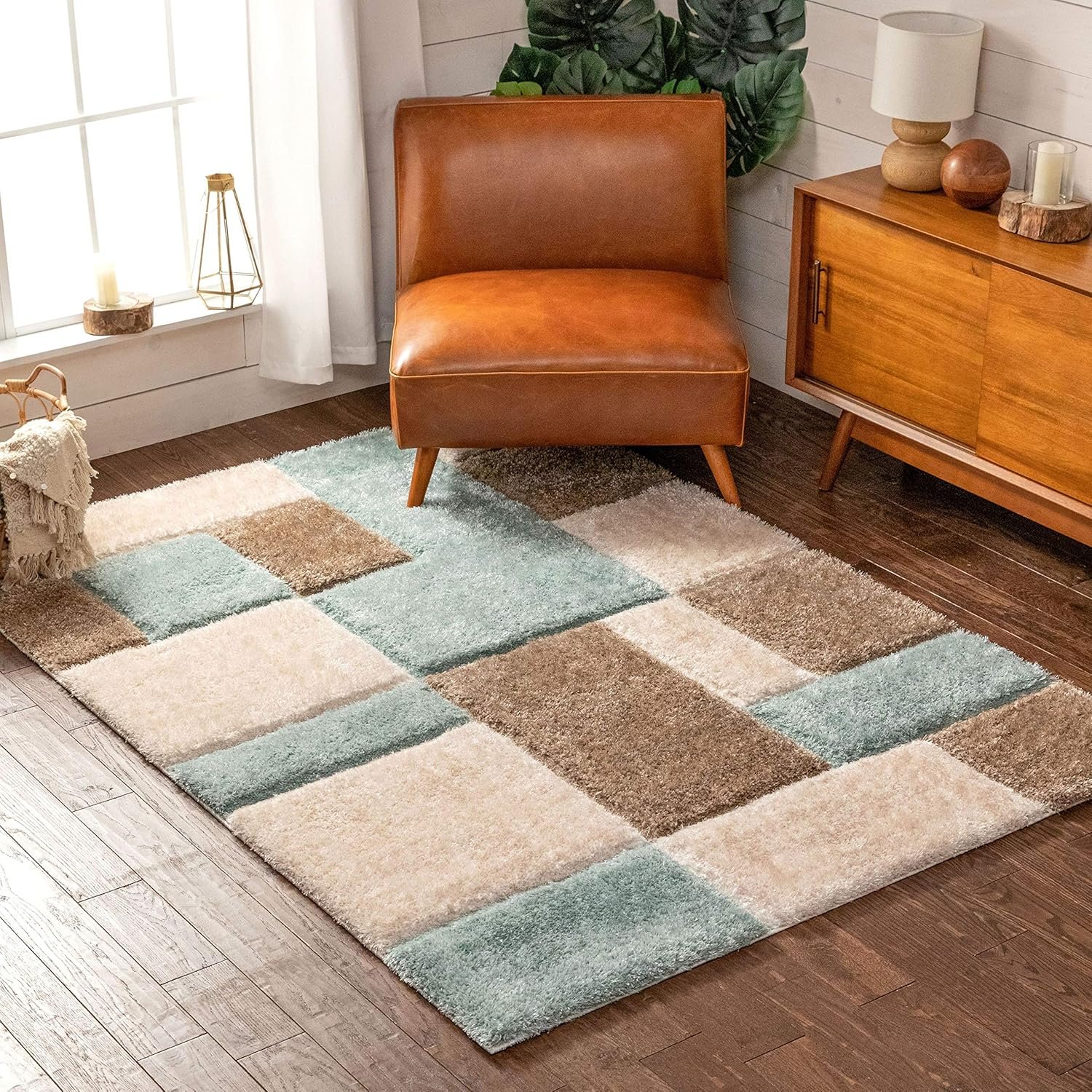 Shaggy Carpet for Living Room, Ultra Soft Fluffy Area Rug, Anti Skid Non Slip Floor Carpet, for Bedroom, Hall, Home Décor 4X4 FEET Square Color : Baby Blue, Gray, White