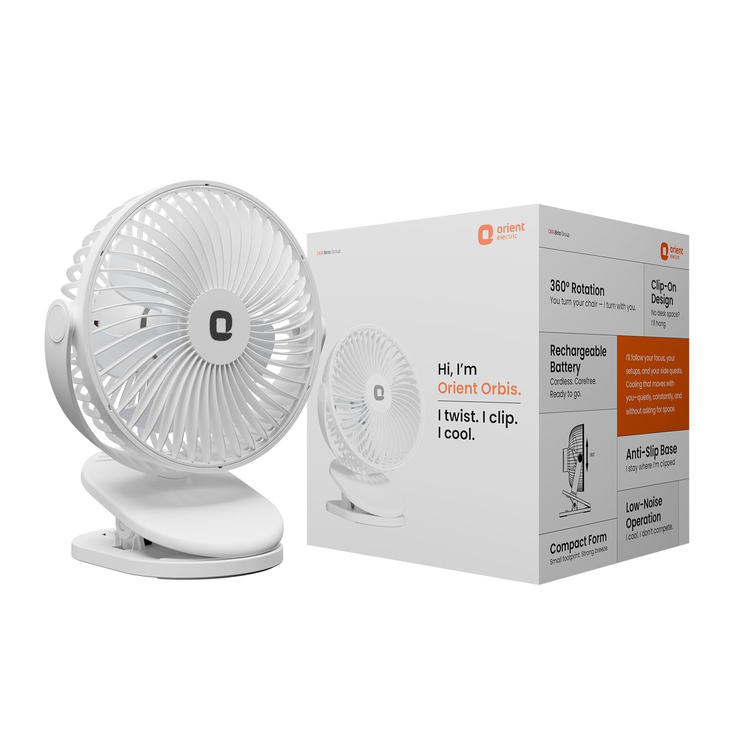Orient Electric Orbis Rechargeable Personal Fan | 360° Rotation | 1800 mAh Battery | 4 Speed Modes with Timer | Quiet Operation | USB Type-C Charging | Clip-On Mini Fan (White)