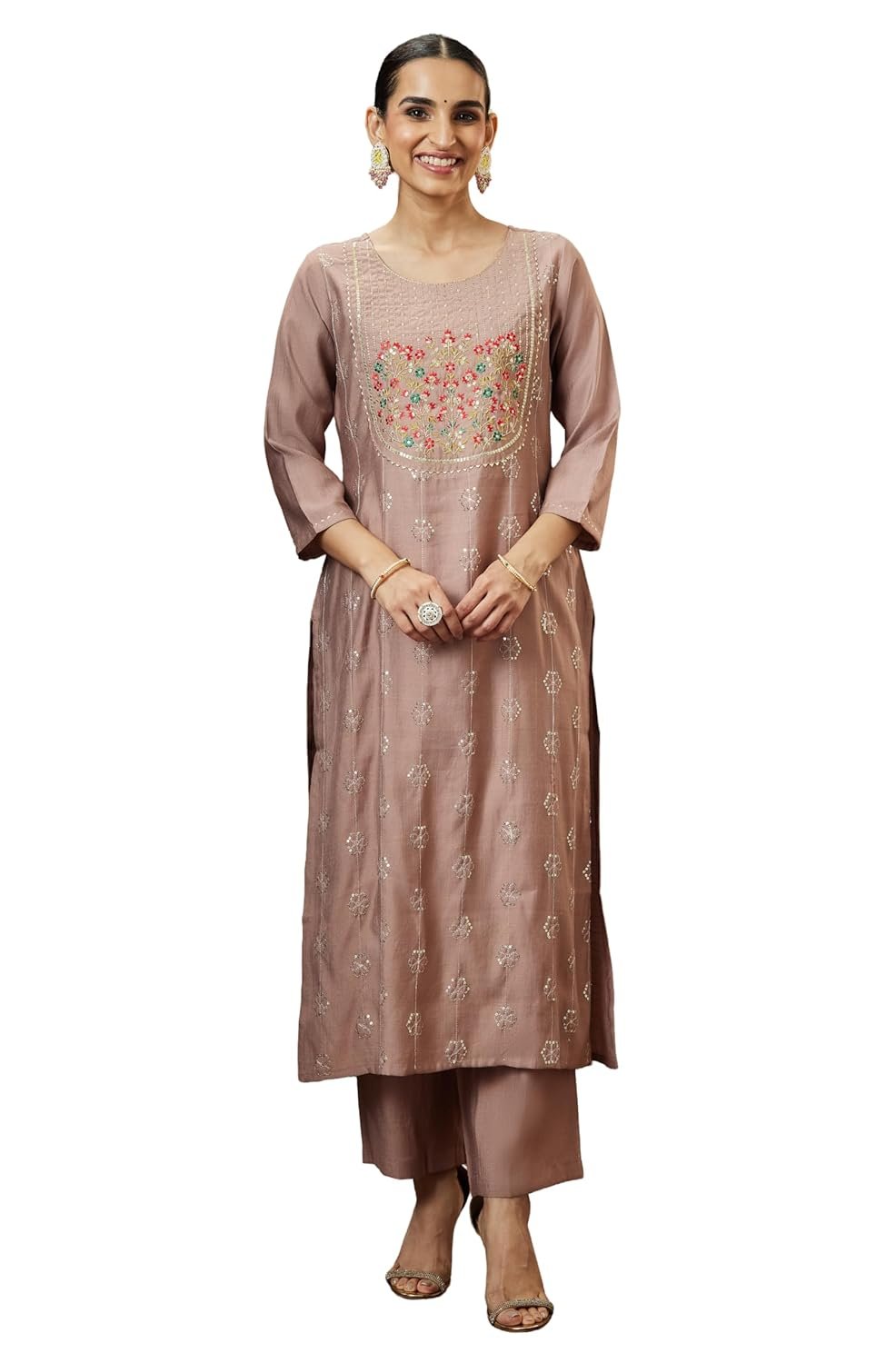 Janasya Women's Silk Blend Zari Embroidered Straight Kurta Pant Set