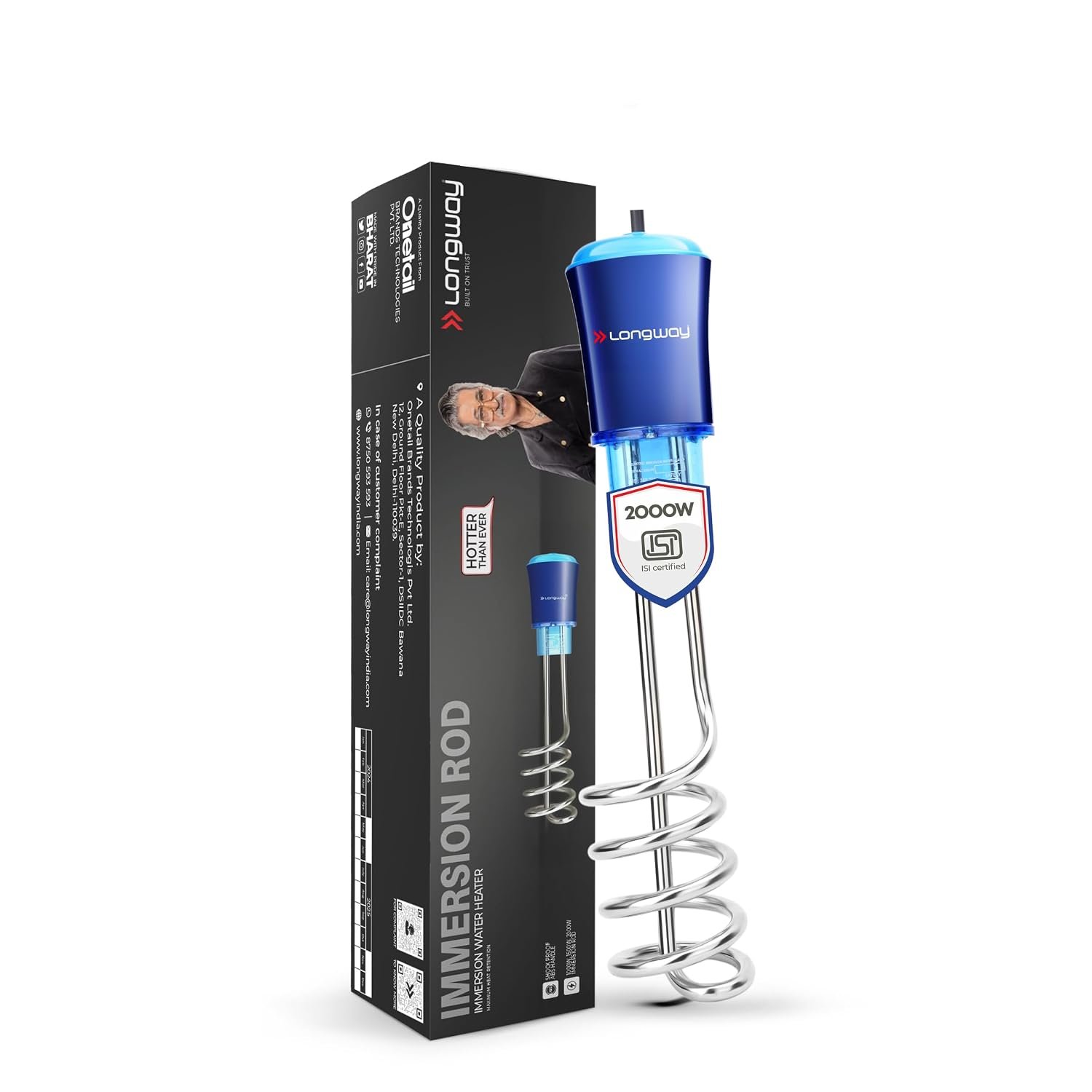 Longway LWIR01 2000W Immersion Water Heater Rod | Water Proof | Shock Proof Body | Heavy Element with Nickel Coated | Instant Fast Heating | ISI Certified | 2 Years Replacement Warranty (Blue)