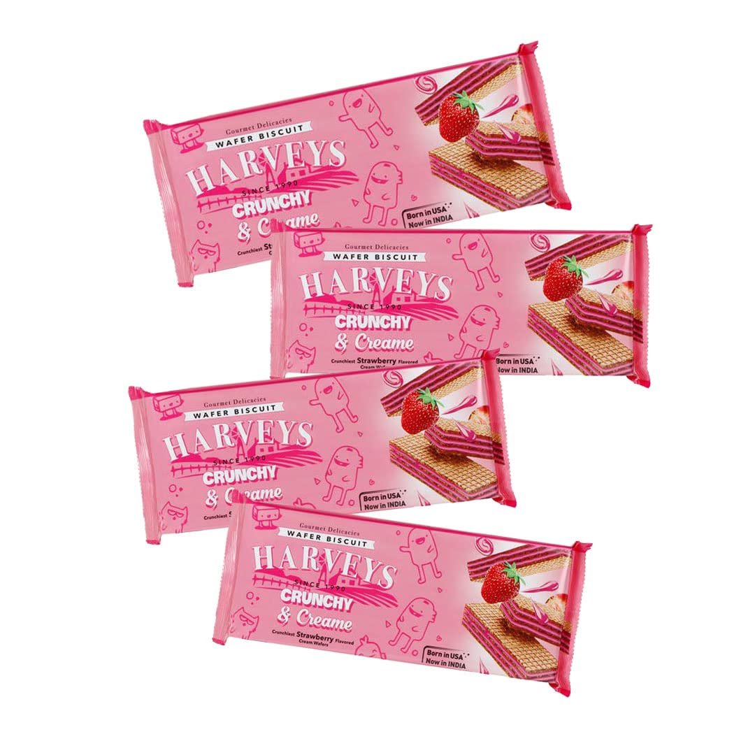 Harveys Crunchy & Creame Premium Strawberry Wafer Biscuits | Pack of 4 | 150g x 4 | Strawberry Flavoured Crunchy, Creamy & Healthy Wafers