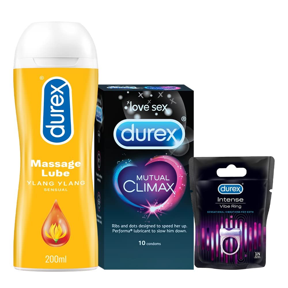 Durex Mutual Climax Condoms - 10s + Durex Play Massage 2in1 Sensual - 200 ml + Durex Play Vibrating Ring