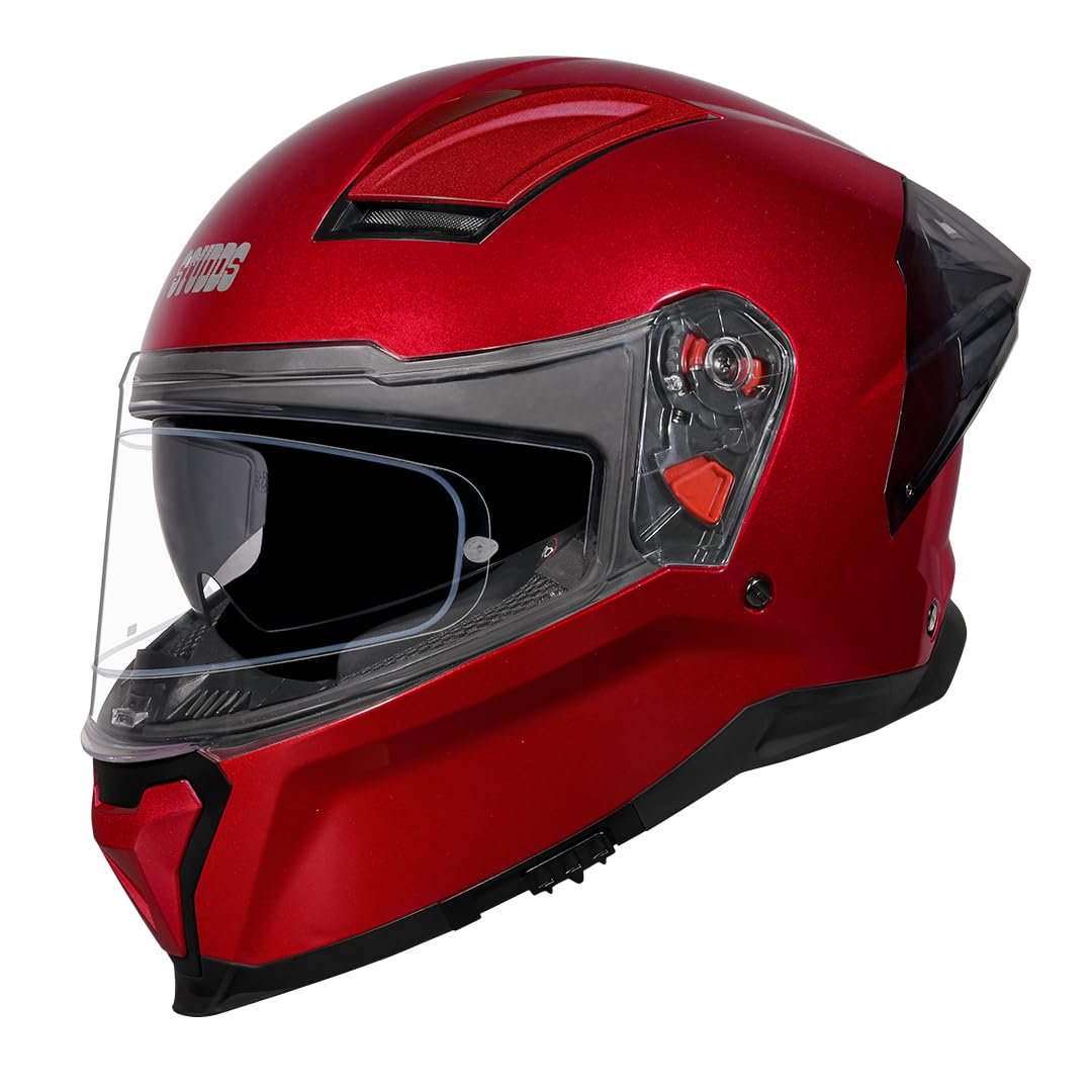STUDDS Helios ISI and DOT Certified Full Face Helmet with Antifog 100 Lens, Sporty Spoiler (Cherry RED - M)