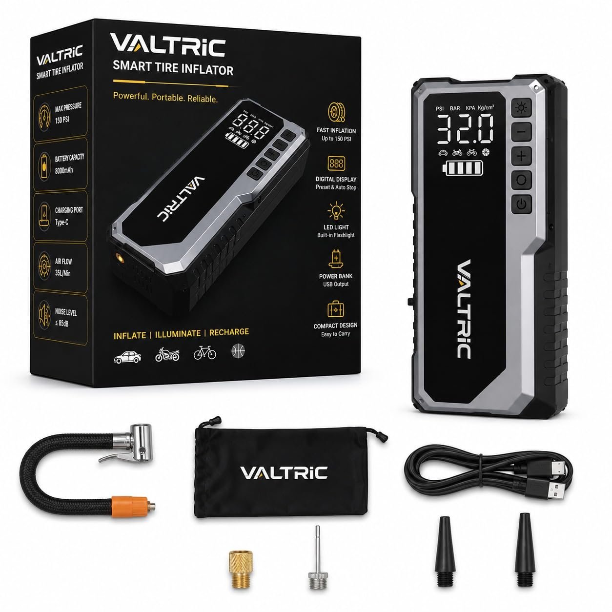 Cordless Tyre Inflator Air for Car and Bike 5200mAh with Digital Display, Auto Cut-Off, LED Flashlight, Emergency SOS Light & Power Bank Support for Car, Bike, Bicycle & Ball