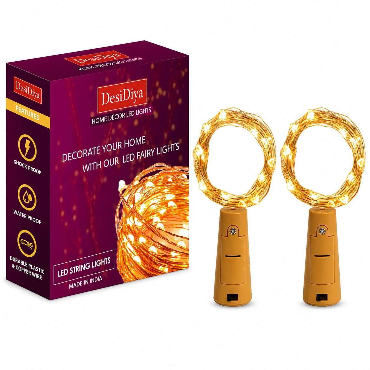 Desidiya® Bottle Lights with Cork, Mini Copper Wire, 24 LED Battery Operated String Decorative 200cm Fairy Light DIY Festive Decor for Diwali Wedding Party Decoration - Pack of 2 (Warm White)