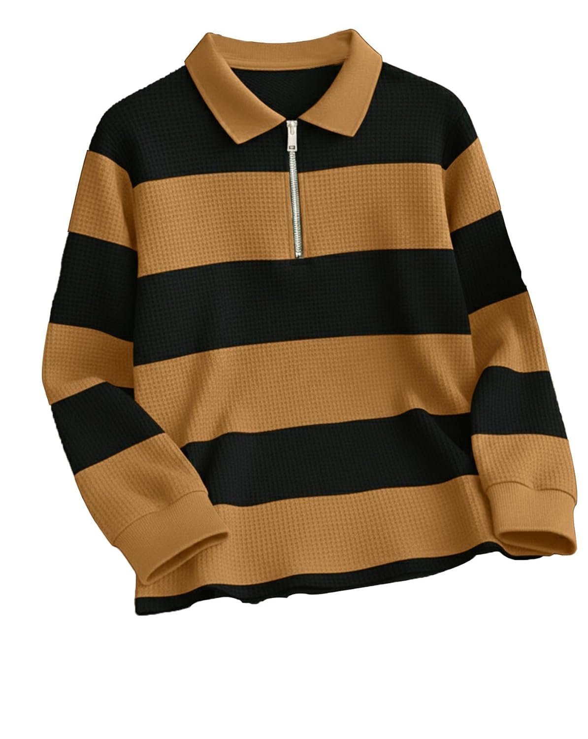 Mens Stylish Half Zip Tshirt, Texture Striped Casual T-Shirt for Men, Formal Collared Neck Full Sleeves T-Shirt for Boys