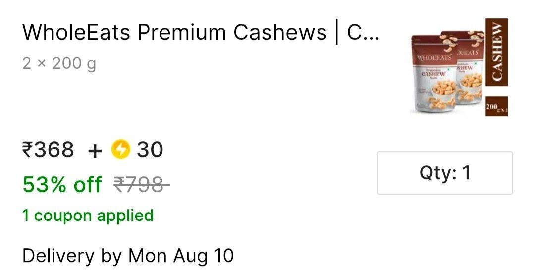 WholeEats Premium Cashews | Cashews pack of 2 Almonds Price in India - Buy WholeEats Premium Cashews | Cashews pack of 2 Almonds online at Shopsy.in